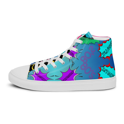 Hipyfi Retro Men’s High Top Canvas Sneakers – 1980s graphic design with bold colorful speech bubbles white-left-outside