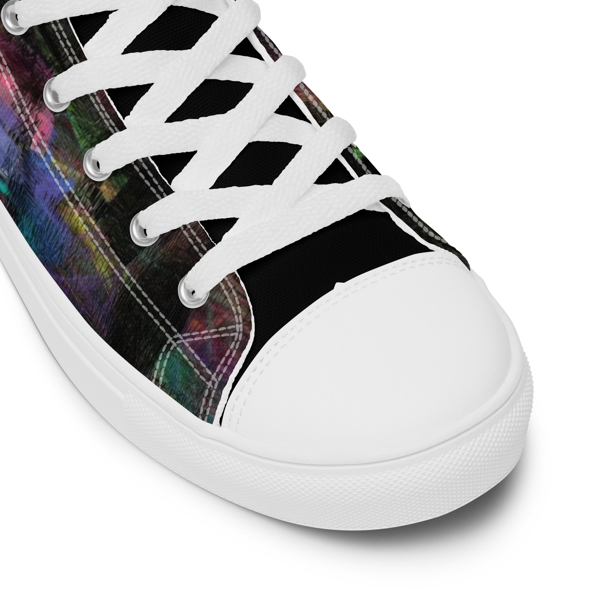 Hipyfi Chromatic Dreams Men's High-Top Sneakers with Bold Colorful Abstract Graffiti Print in Purple, Blue, and Green white-product-details-4