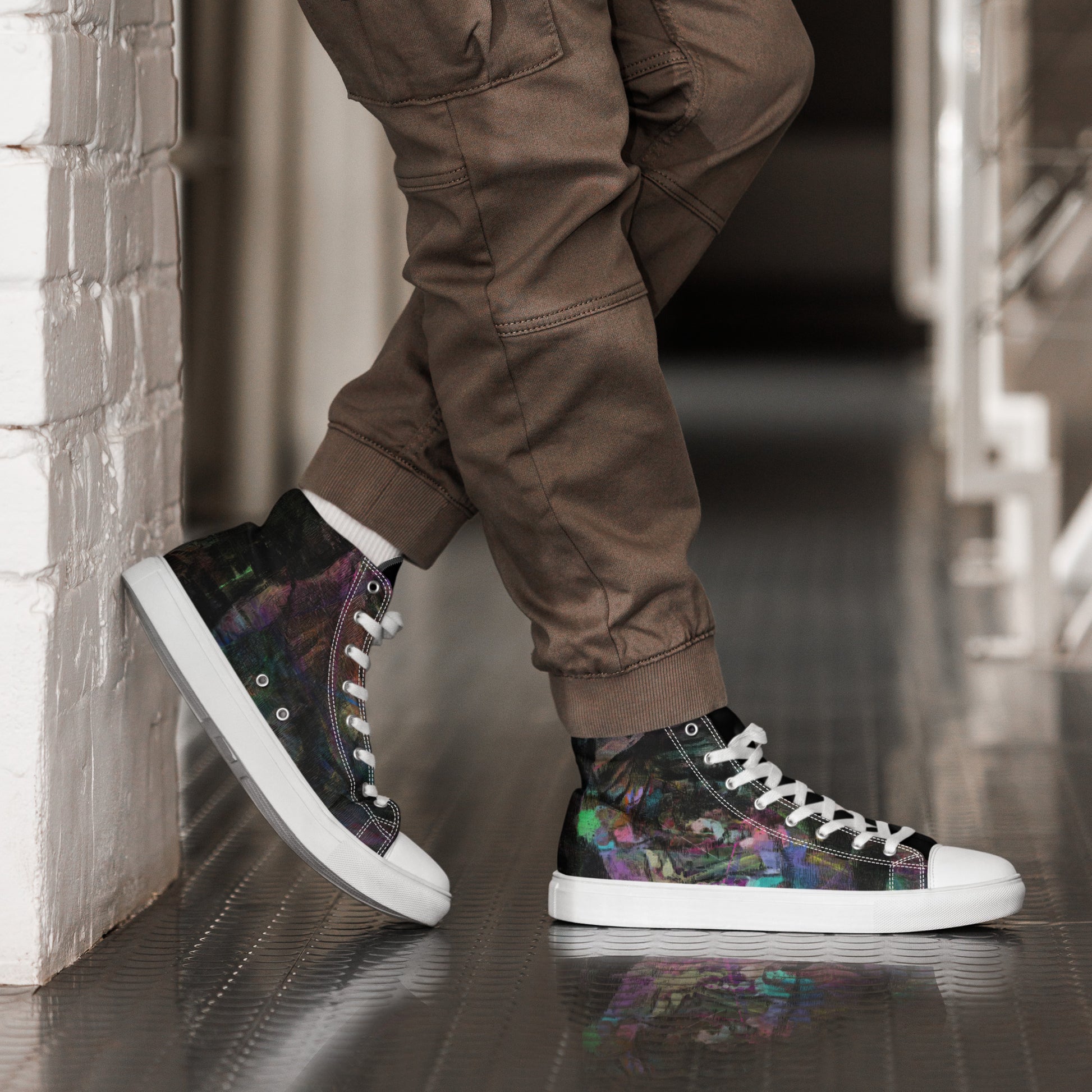 Hipyfi Chromatic Dreams Men's High-Top Sneakers with Bold Colorful Abstract Graffiti Print in Purple, Blue, and Green white-right-2