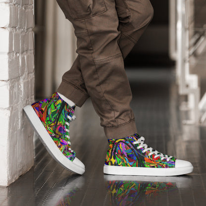 Men’s handmade high top canvas sneakers with abstract neon graphic design – Neon Mythos by Hipyfi Clothes & Design. white-right-2