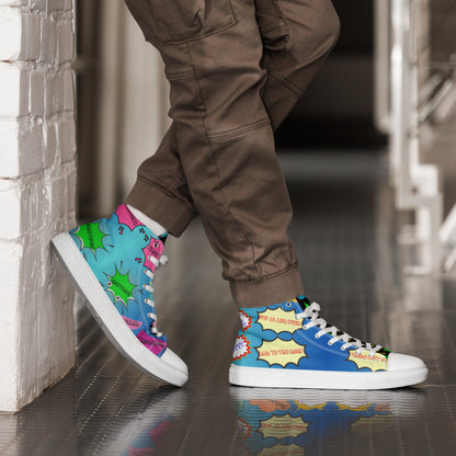 Hipyfi Retro Men’s High Top Canvas Sneakers – 1980s graphic design with bold colorful speech bubbles white-right-2