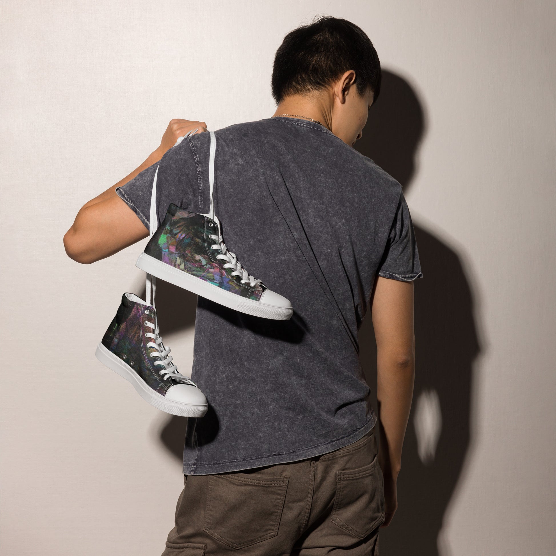 Hipyfi Chromatic Dreams Men's High-Top Sneakers with Bold Colorful Abstract Graffiti Print in Purple, Blue, and Green white-right