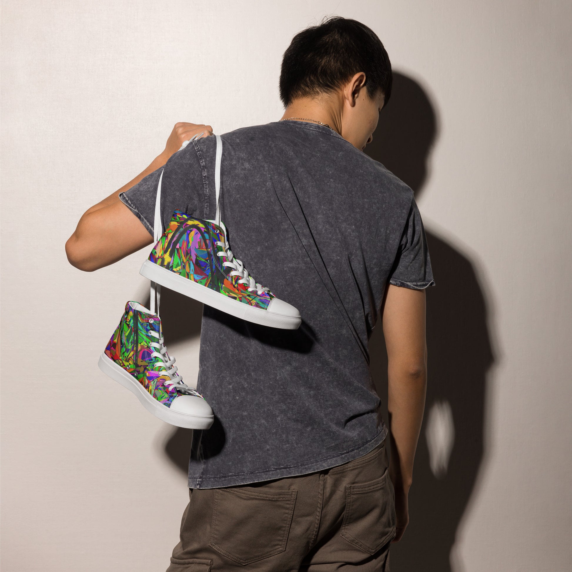 Men’s handmade high top canvas sneakers with abstract neon graphic design – Neon Mythos by Hipyfi Clothes & Design. white-right