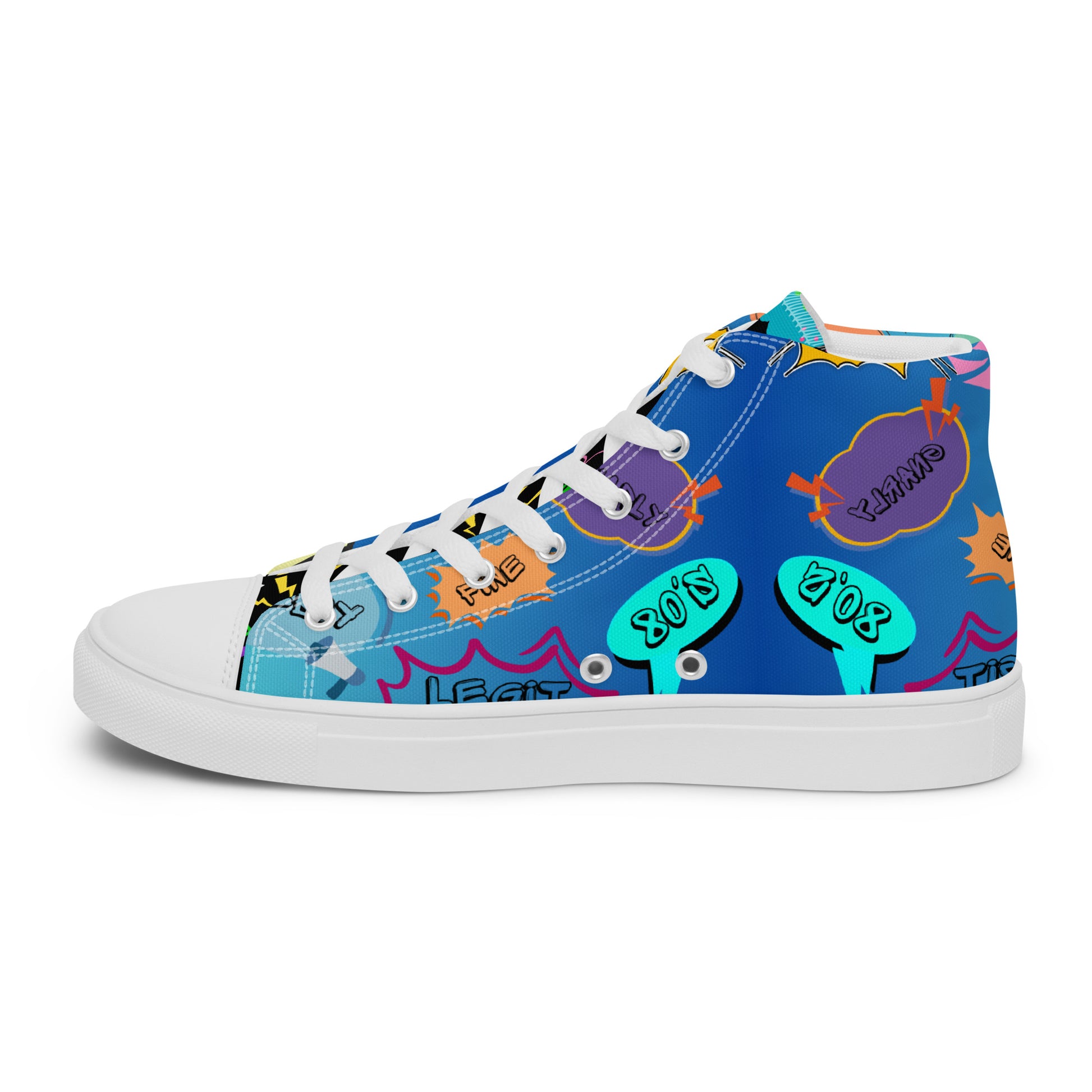 Hipyfi Retro Men’s High Top Canvas Sneakers – 1980s graphic design with bold colorful speech bubbles white-right-inside