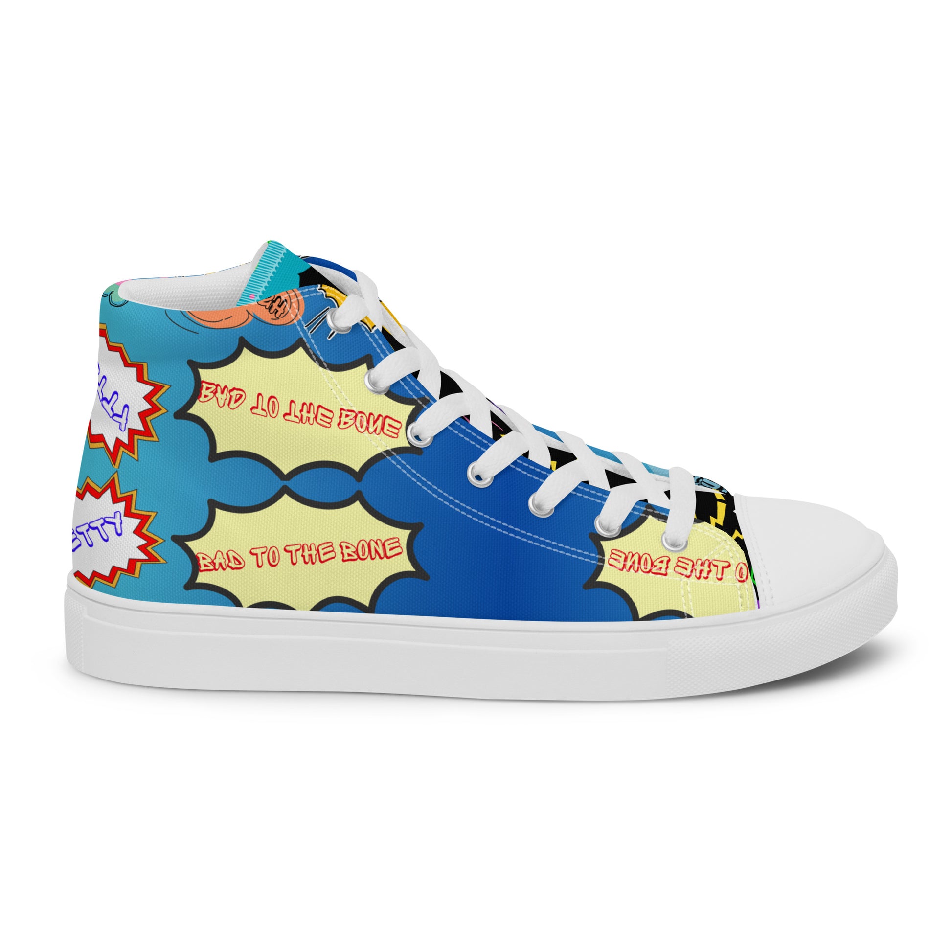 Hipyfi Retro Men’s High Top Canvas Sneakers – 1980s graphic design with bold colorful speech bubbles white-right-outside