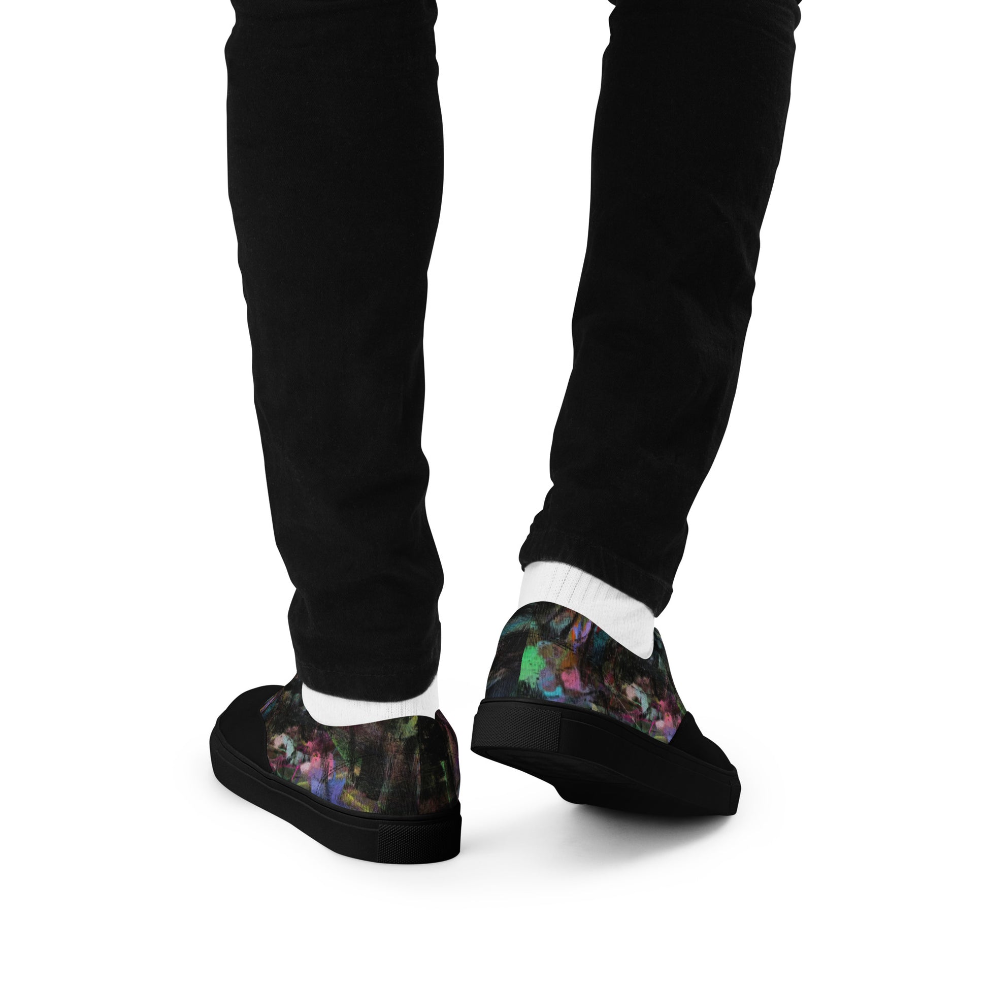 Hipyfi Men's Chromatic Dreams Artistic Lace-Up Sneakers with abstract multicolor streetwear design on white or black canvas soles. black-back