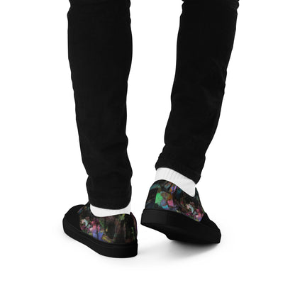 Hipyfi Men's Chromatic Dreams Artistic Lace-Up Sneakers with abstract multicolor streetwear design on white or black canvas soles. black-back