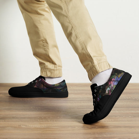Hipyfi Men's Chromatic Dreams Artistic Lace-Up Sneakers with abstract multicolor streetwear design on white or black canvas soles. black-front