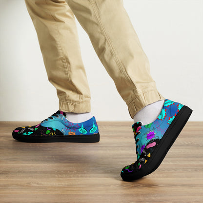 Men's retro lace-up canvas sneakers with 80s pop art design by Hipyfi – colorful vintage streetwear shoes black-front-2