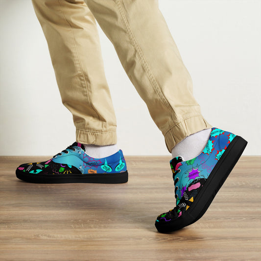 Men's retro lace-up canvas sneakers with 80s pop art design by Hipyfi – colorful vintage streetwear shoes black-front-2