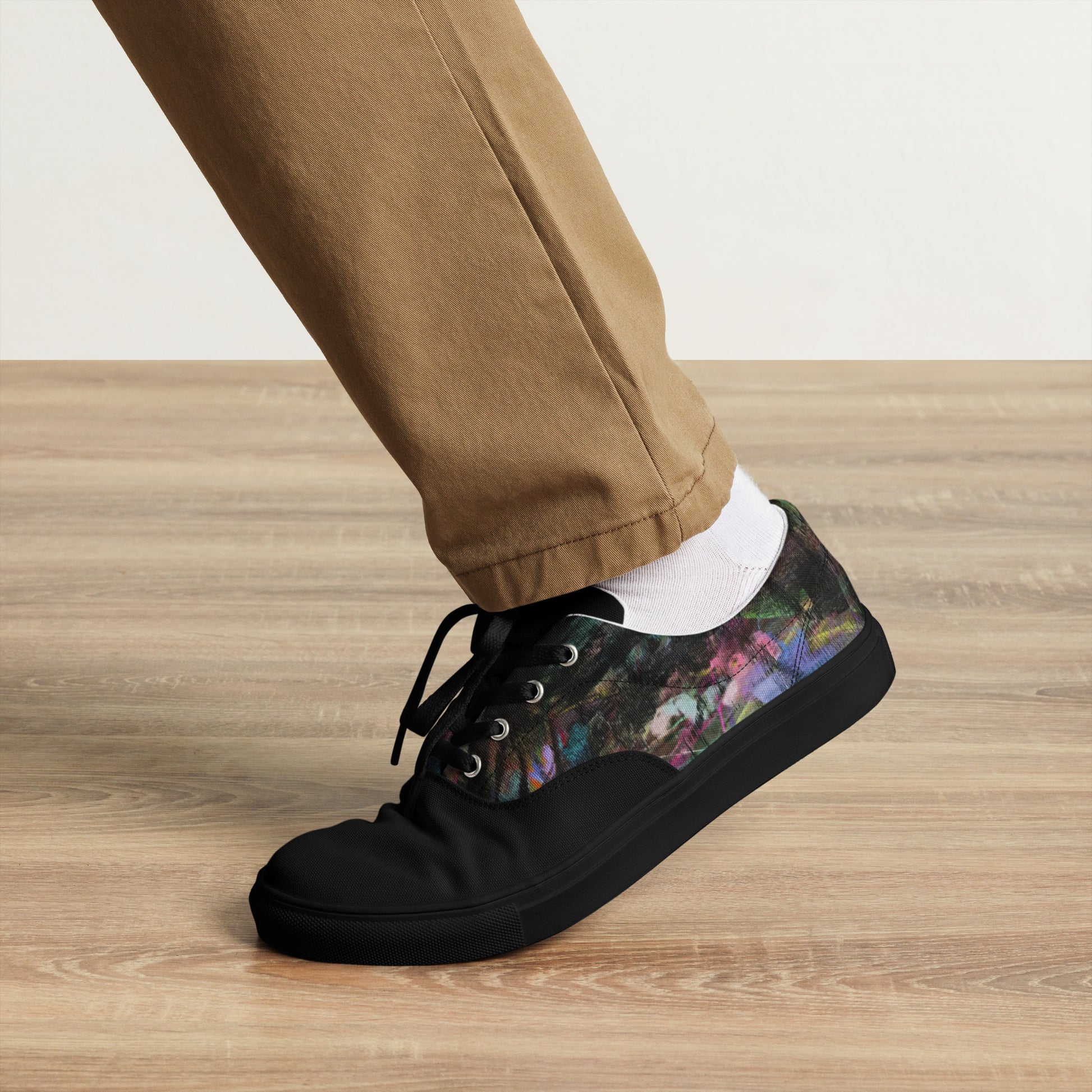 Hipyfi Men's Chromatic Dreams Artistic Lace-Up Sneakers with abstract multicolor streetwear design on white or black canvas soles. black-front-4