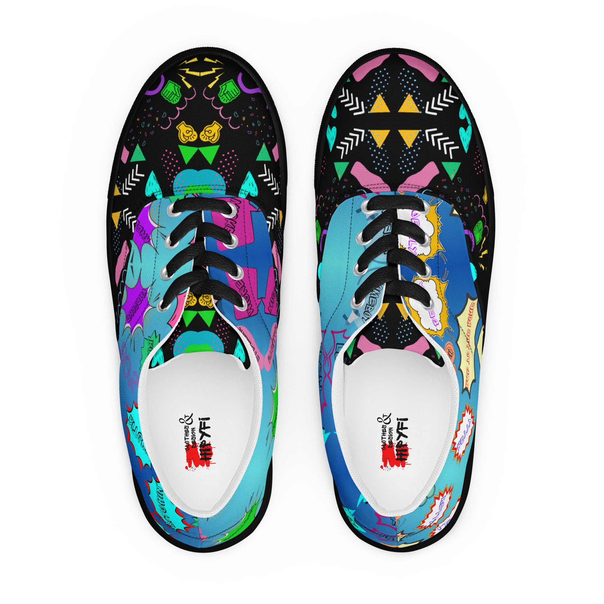 Men's retro lace-up canvas sneakers with 80s pop art design by Hipyfi – colorful vintage streetwear shoes black-front-7