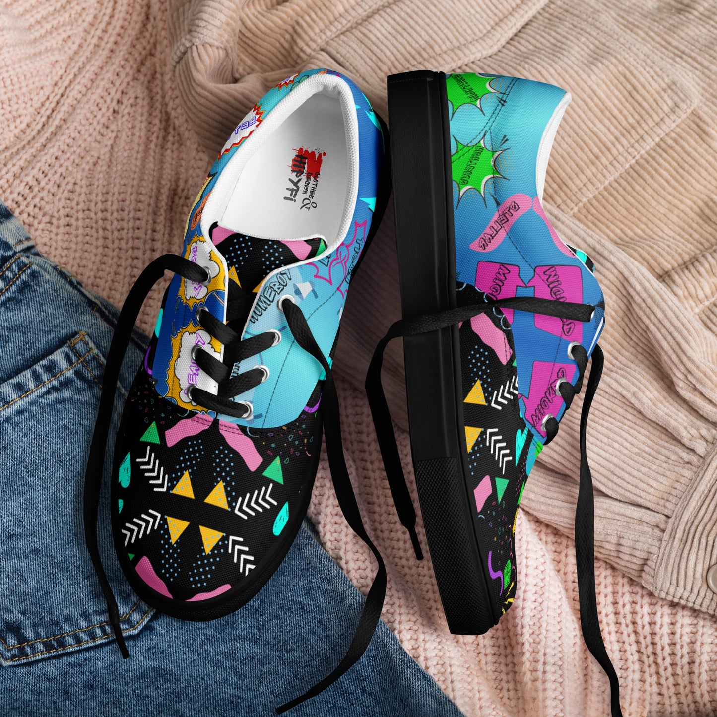 Men's retro lace-up canvas sneakers with 80s pop art design by Hipyfi – colorful vintage streetwear shoes black-front-5
