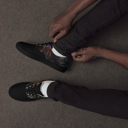 Hipyfi Men's Chromatic Dreams Artistic Lace-Up Sneakers with abstract multicolor streetwear design on white or black canvas soles. black-front-5