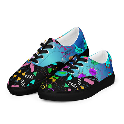 Men's retro lace-up canvas sneakers with 80s pop art design by Hipyfi – colorful vintage streetwear shoes black-left-front-2