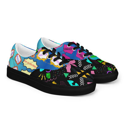 Men's retro lace-up canvas sneakers with 80s pop art design by Hipyfi – colorful vintage streetwear shoes black-right-front