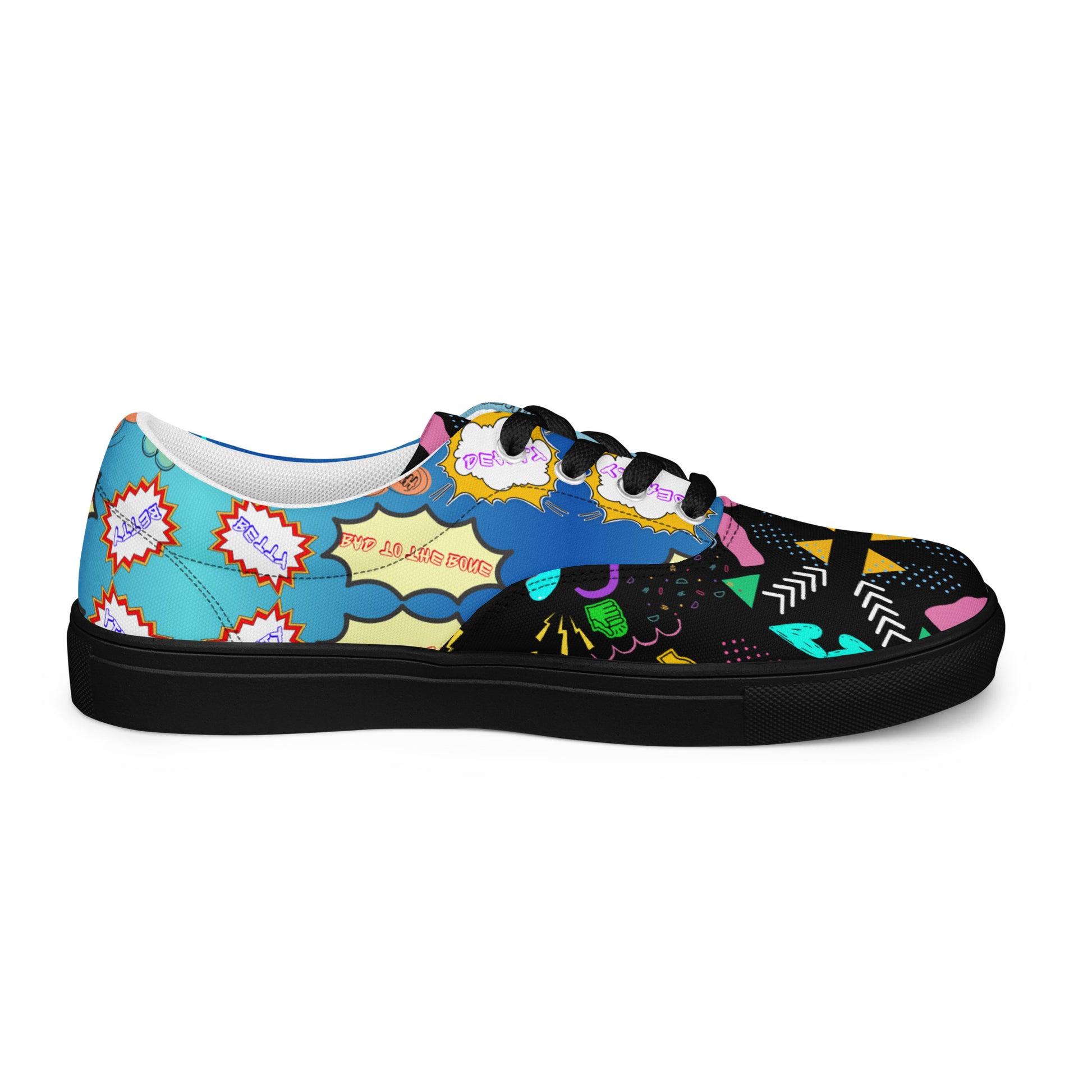 Men's retro lace-up canvas sneakers with 80s pop art design by Hipyfi – colorful vintage streetwear shoes black-right-outside-2