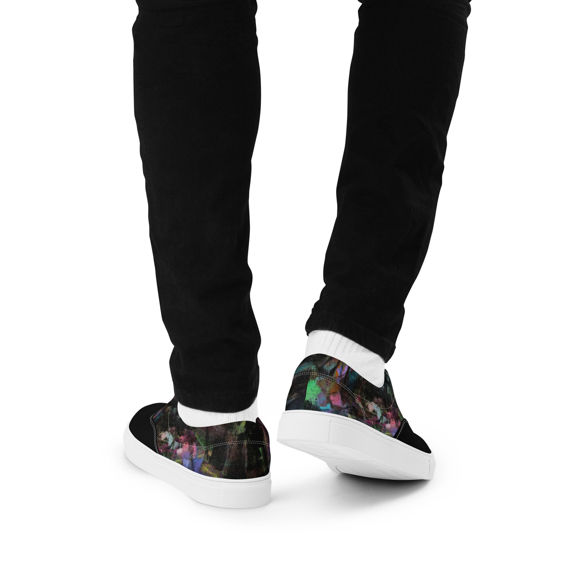 Hipyfi Men's Chromatic Dreams Artistic Lace-Up Sneakers with abstract multicolor streetwear design on white or black canvas soles. white-back