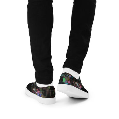 Hipyfi Men's Chromatic Dreams Artistic Lace-Up Sneakers with abstract multicolor streetwear design on white or black canvas soles. white-back
