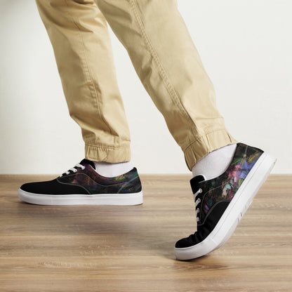 Hipyfi Men's Chromatic Dreams Artistic Lace-Up Sneakers with abstract multicolor streetwear design on white or black canvas soles. white-front