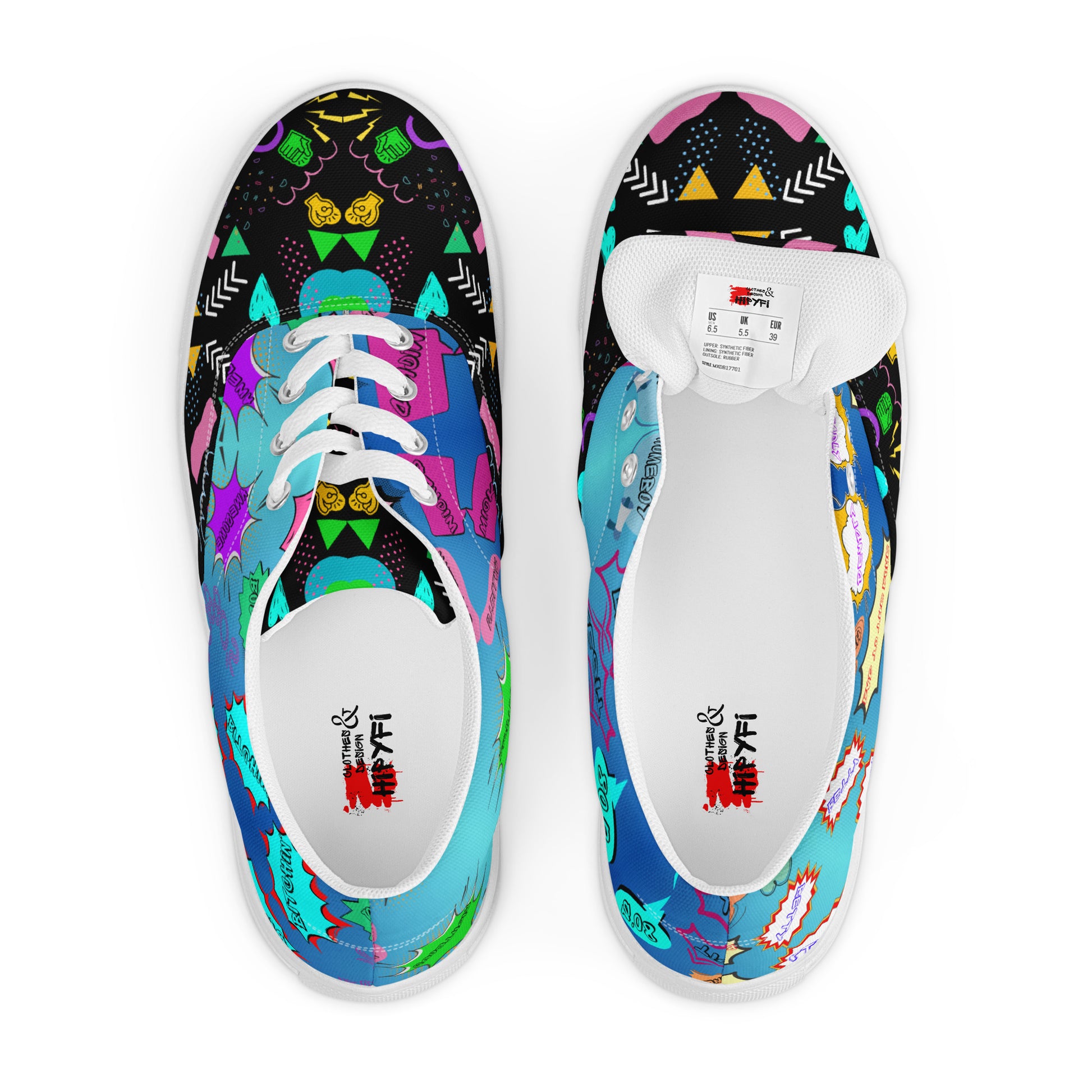 Men's retro lace-up canvas sneakers with 80s pop art design by Hipyfi – colorful vintage streetwear shoes white-front-5