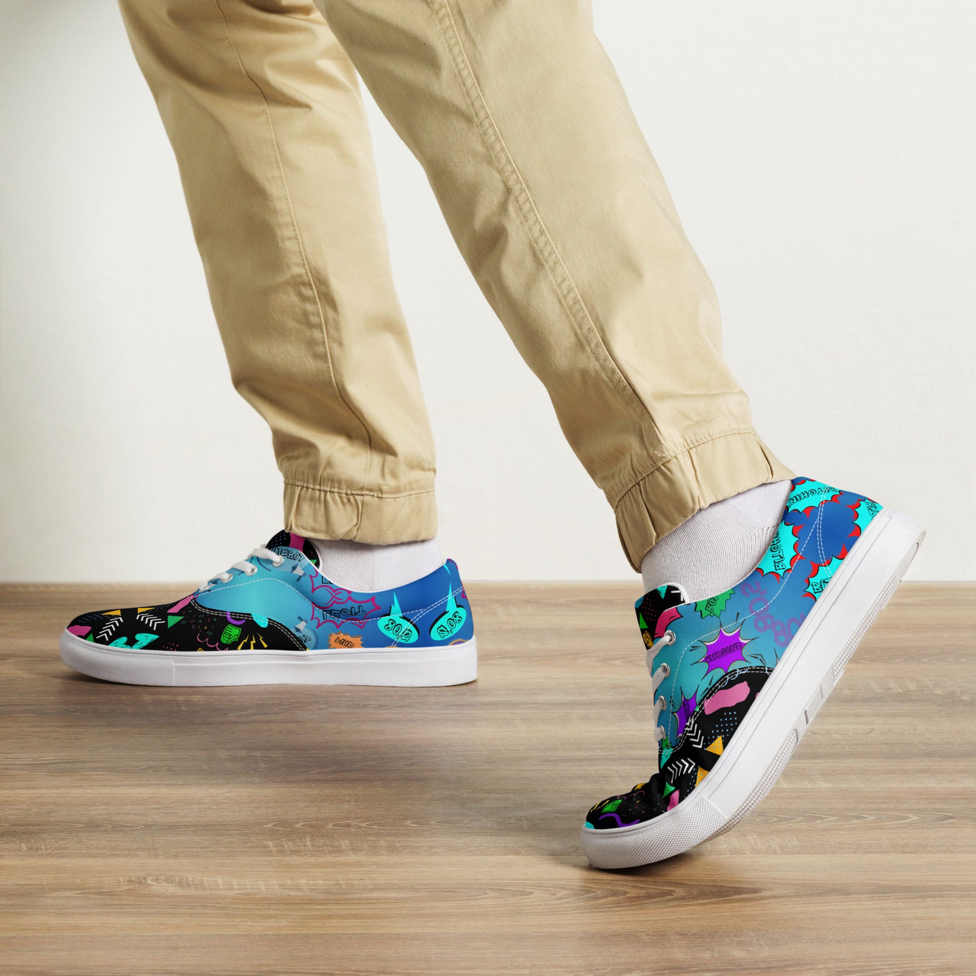 Men's retro lace-up canvas sneakers with 80s pop art design by Hipyfi – colorful vintage streetwear shoes white-front-2