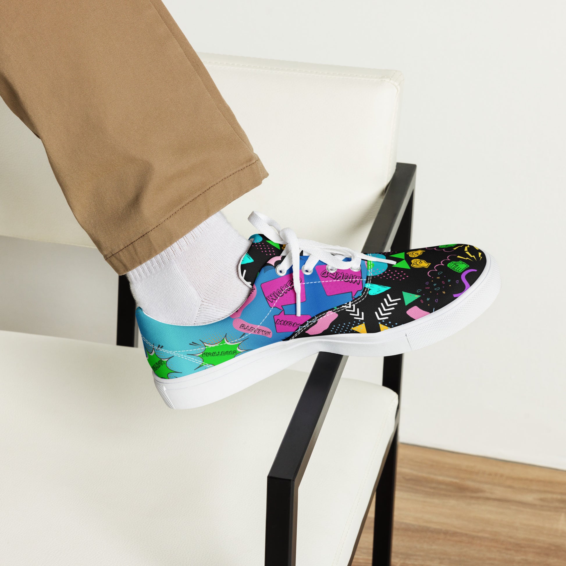 Men's retro lace-up canvas sneakers with 80s pop art design by Hipyfi – colorful vintage streetwear shoes white-front-3