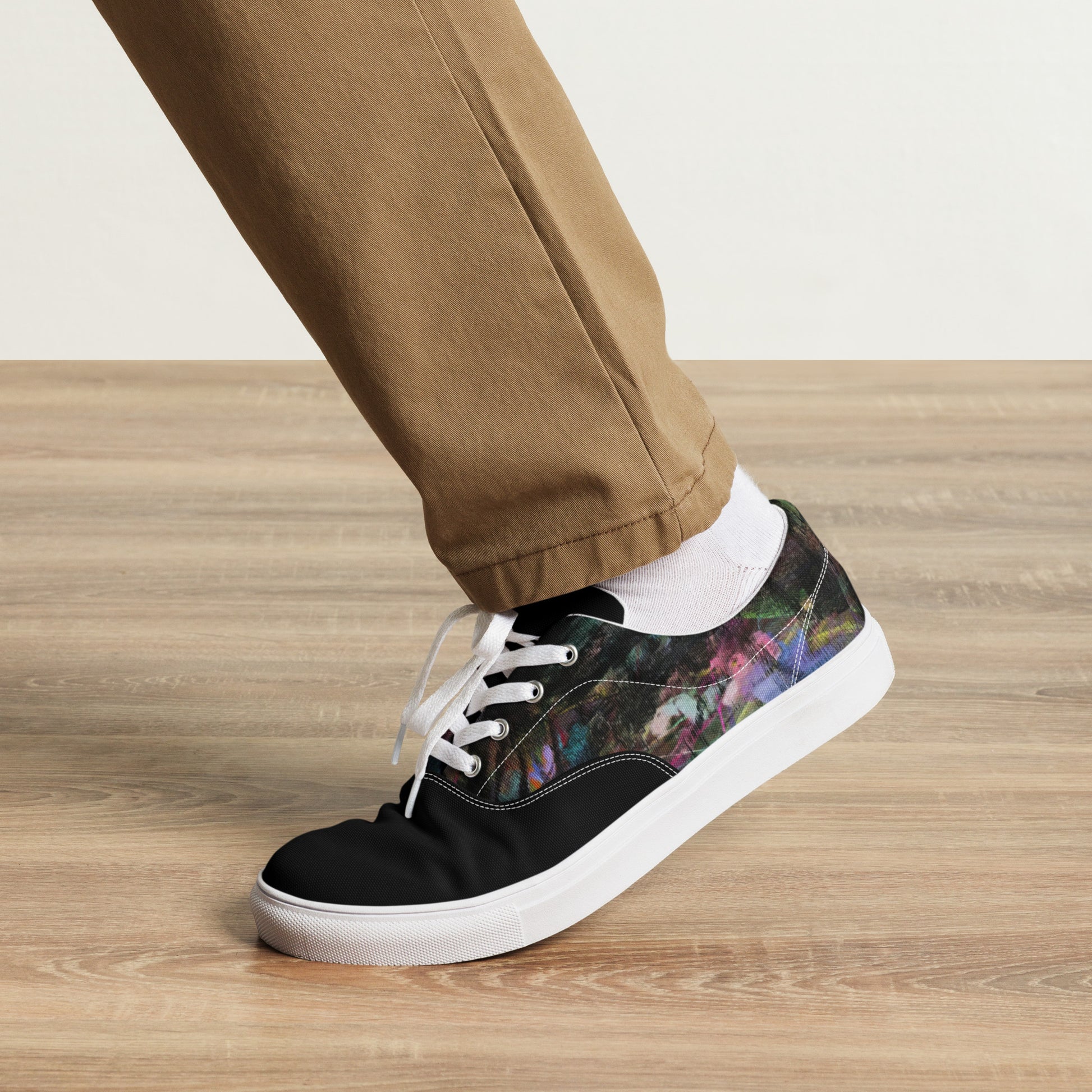 Hipyfi Men's Chromatic Dreams Artistic Lace-Up Sneakers with abstract multicolor streetwear design on white or black canvas soles. white-front-4