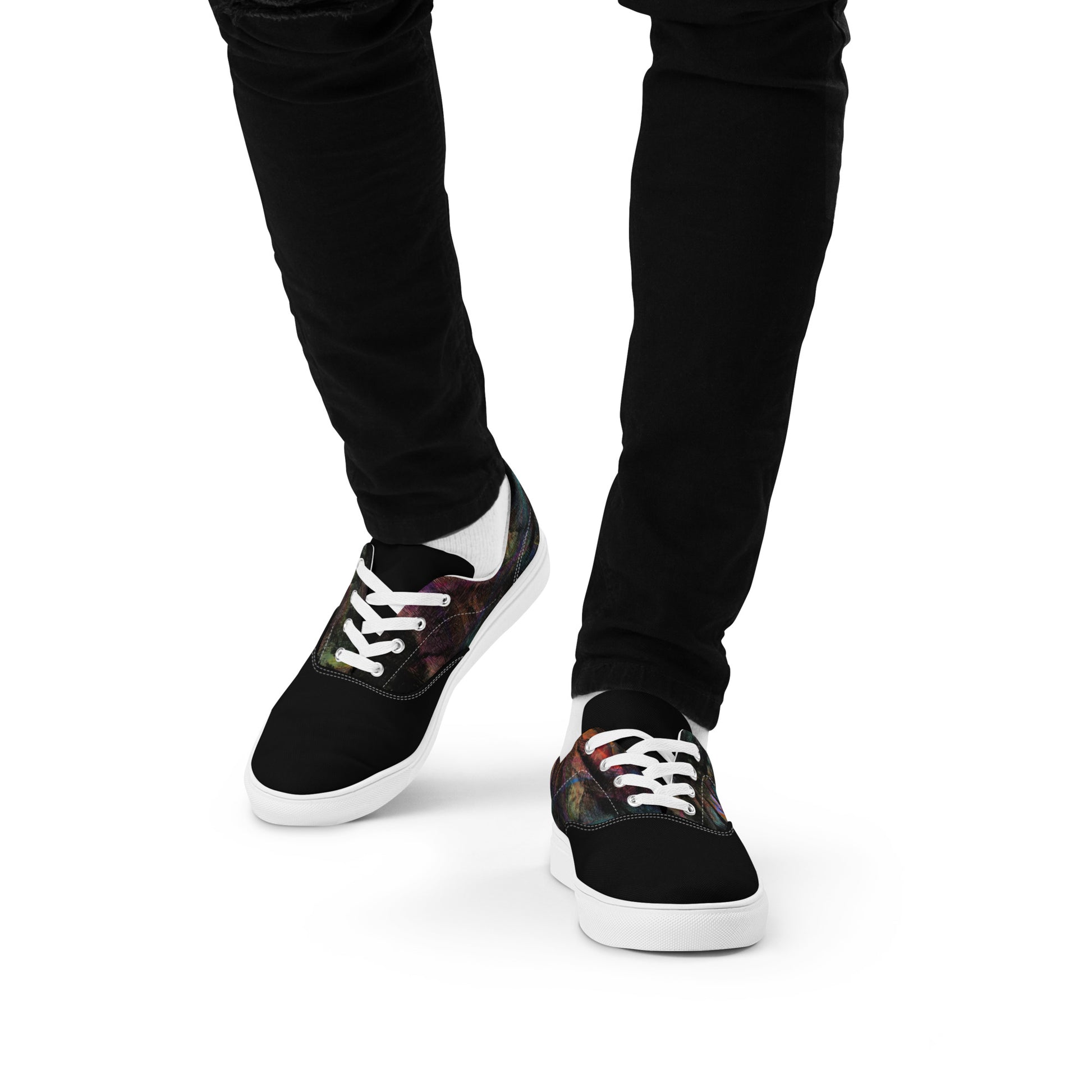 Hipyfi Men's Chromatic Dreams Artistic Lace-Up Sneakers with abstract multicolor streetwear design on white or black canvas soles. white-front-6
