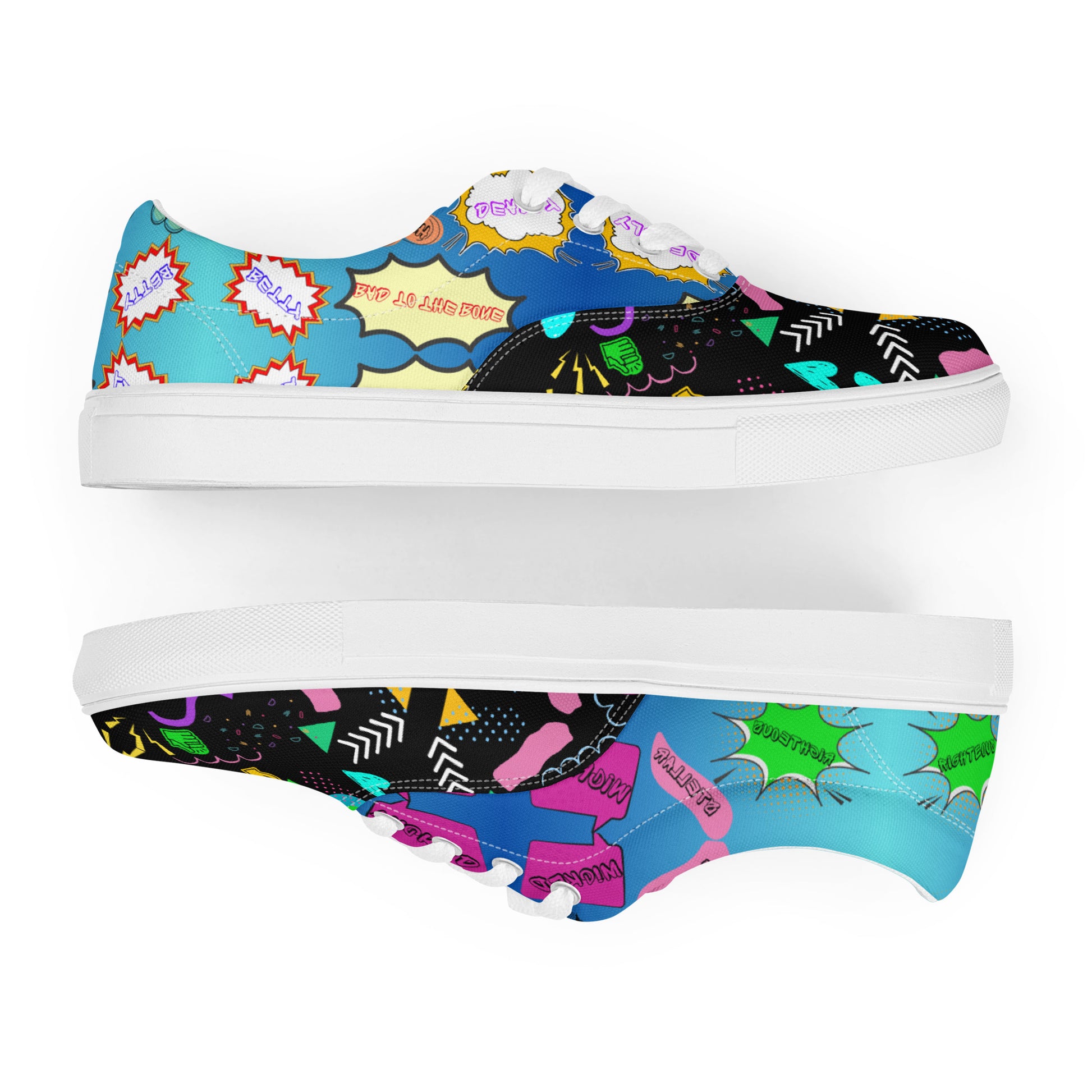 Men's retro lace-up canvas sneakers with 80s pop art design by Hipyfi – colorful vintage streetwear shoes white-front-8