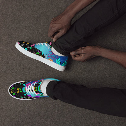 Men's retro lace-up canvas sneakers with 80s pop art design by Hipyfi – colorful vintage streetwear shoes white-front-4