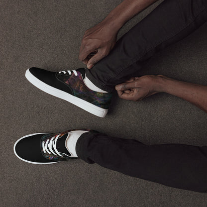 Hipyfi Men's Chromatic Dreams Artistic Lace-Up Sneakers with abstract multicolor streetwear design on white or black canvas soles. white-front-5