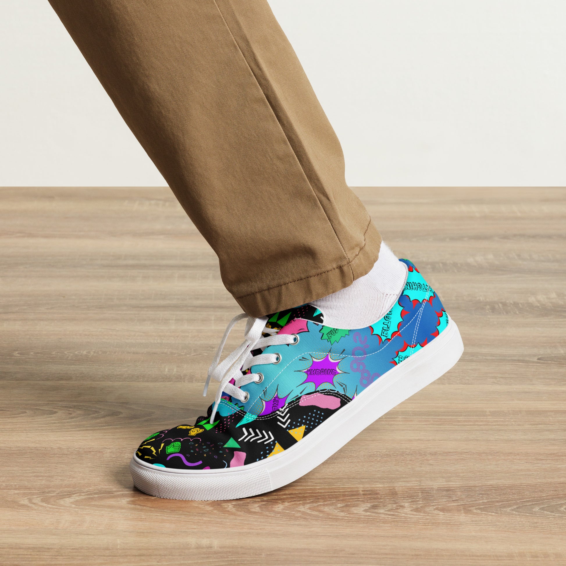 Men's retro lace-up canvas sneakers with 80s pop art design by Hipyfi – colorful vintage streetwear shoes white-front