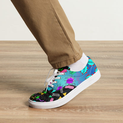 Men's retro lace-up canvas sneakers with 80s pop art design by Hipyfi – colorful vintage streetwear shoes white-front