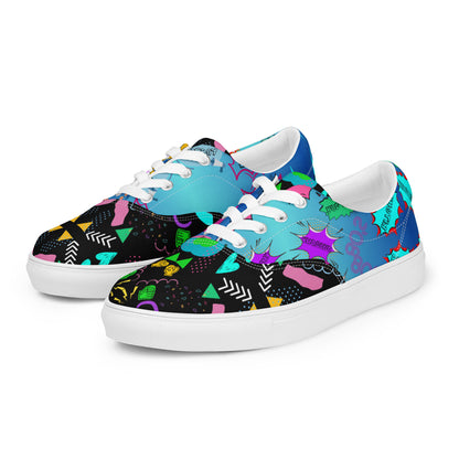 Men's retro lace-up canvas sneakers with 80s pop art design by Hipyfi – colorful vintage streetwear shoes white-left-front