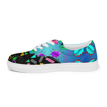 Men's retro lace-up canvas sneakers with 80s pop art design by Hipyfi – colorful vintage streetwear shoes white-left-outside