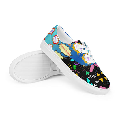Men's retro lace-up canvas sneakers with 80s pop art design by Hipyfi – colorful vintage streetwear shoes white-right-front-3