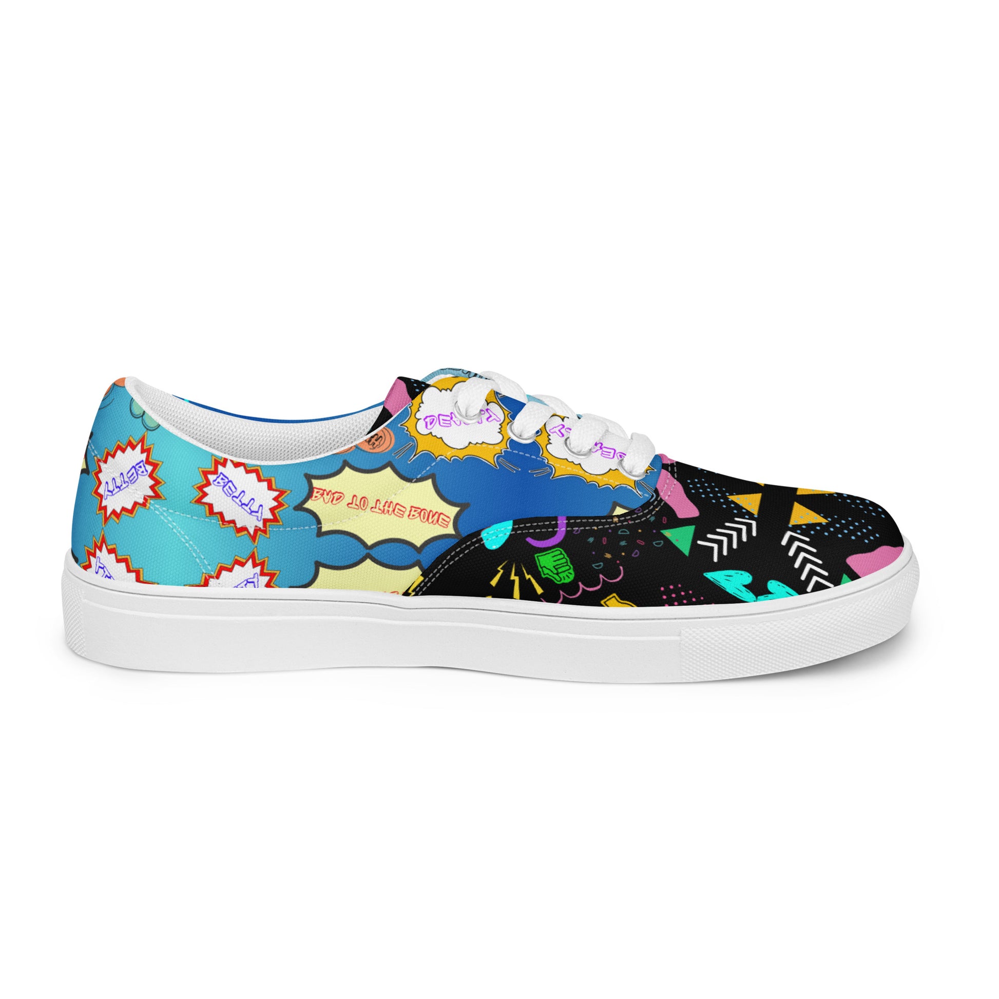 Men's retro lace-up canvas sneakers with 80s pop art design by Hipyfi – colorful vintage streetwear shoes white-right-outside-2