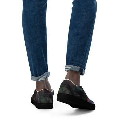 Hipyfi Chromatic Dreams men’s slip-on shoes with vibrant abstract art brushstroke print – urban street style canvas footwear. black-back