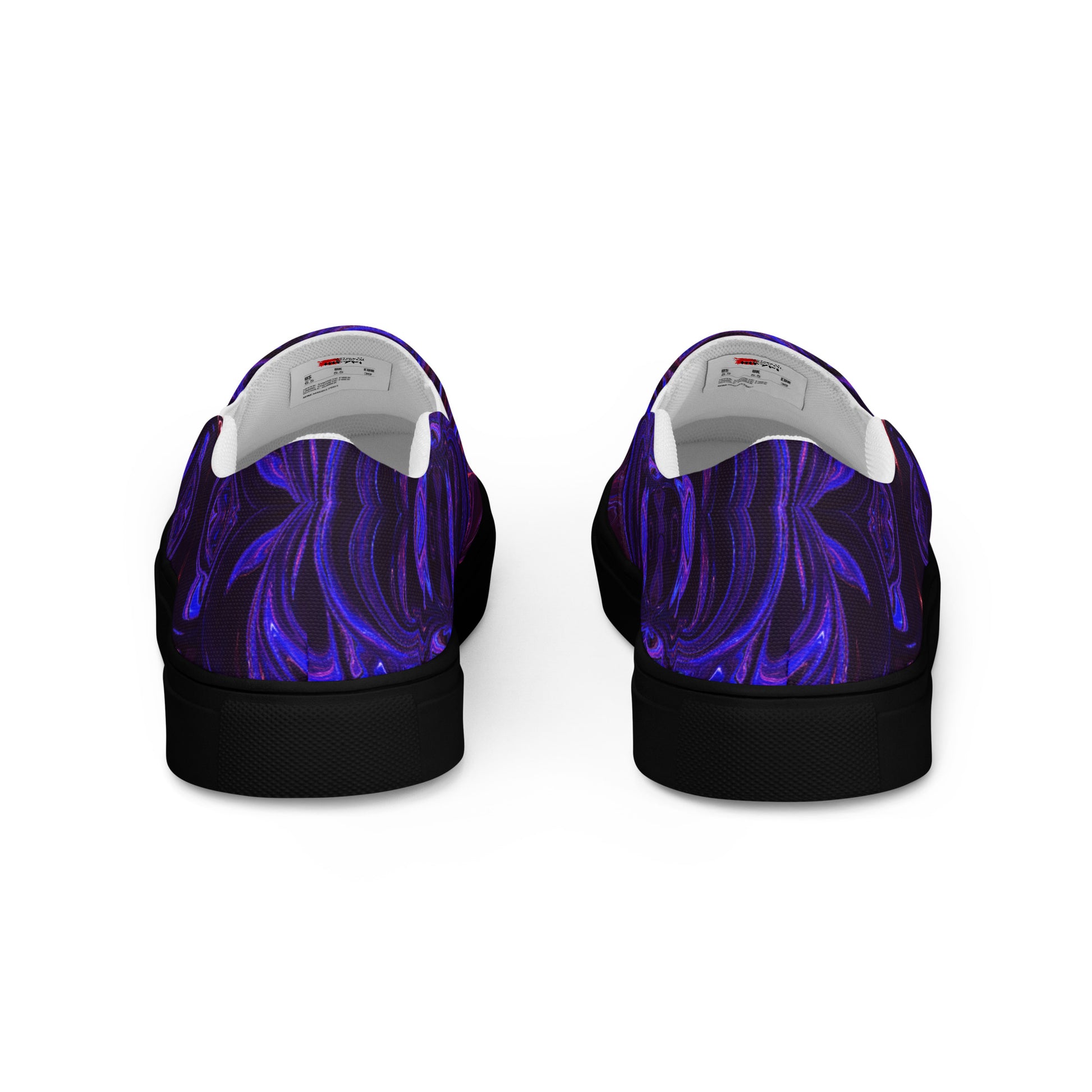 Men's slip-on canvas shoes with abstract purple and blue swirl design – stylish, handmade, and eco-friendly footwear by Hipyfi Clothes & Design. black-back