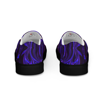 Men's slip-on canvas shoes with abstract purple and blue swirl design – stylish, handmade, and eco-friendly footwear by Hipyfi Clothes & Design. black-back