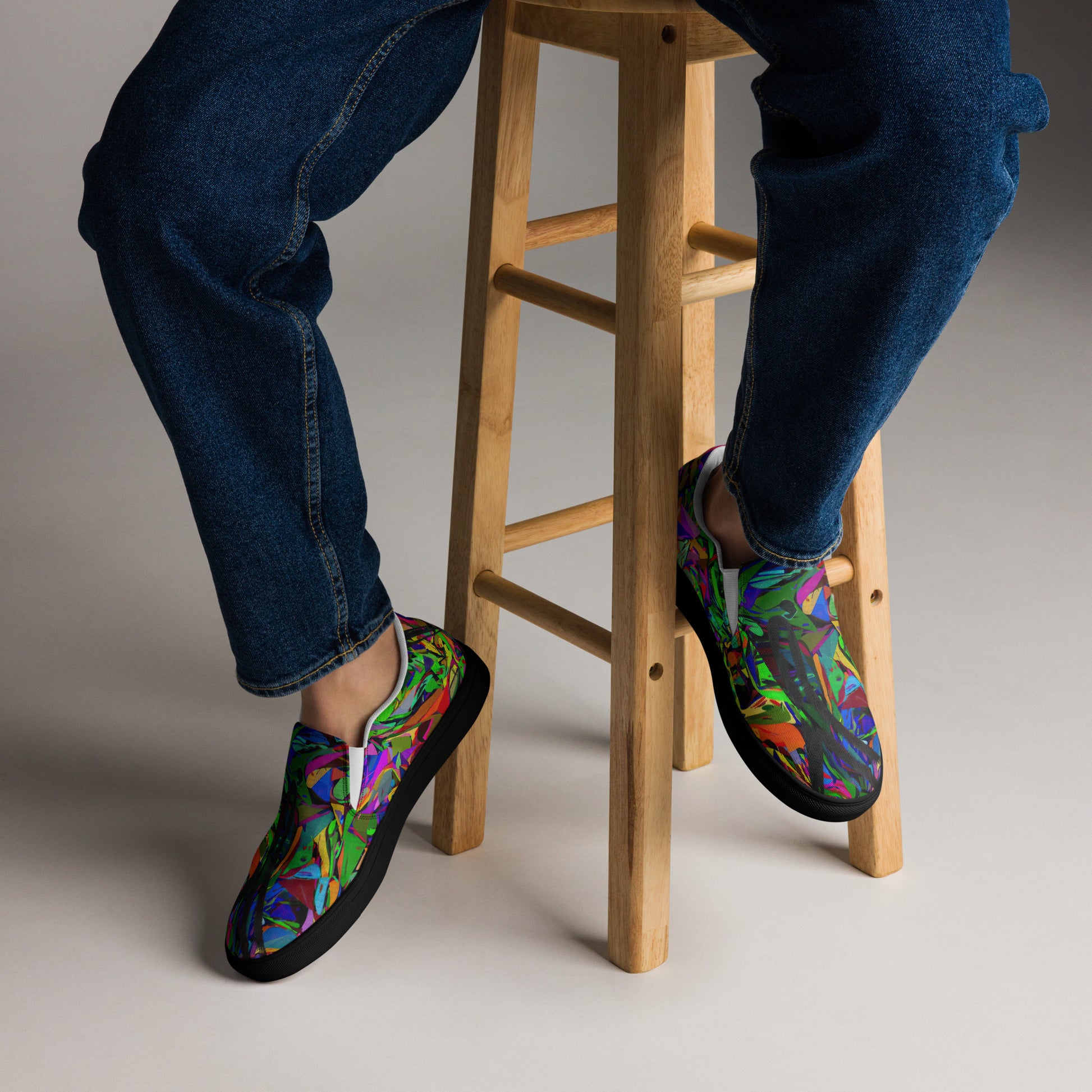 Neon Mythos men's colorful slip-on canvas shoes with abstract street art design by Hipyfi black-front-2