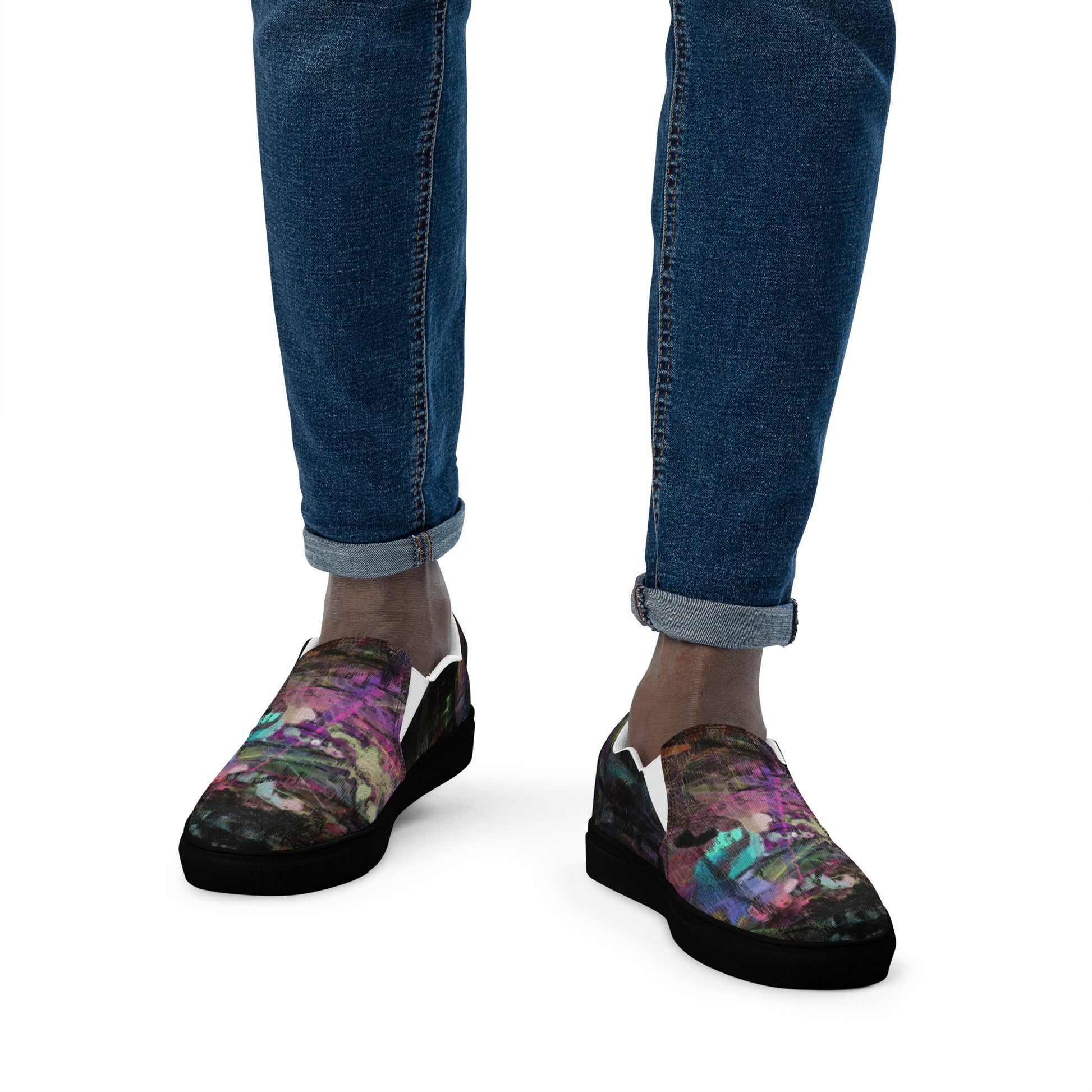 Hipyfi Chromatic Dreams men’s slip-on shoes with vibrant abstract art brushstroke print – urban street style canvas footwear. black-front-3