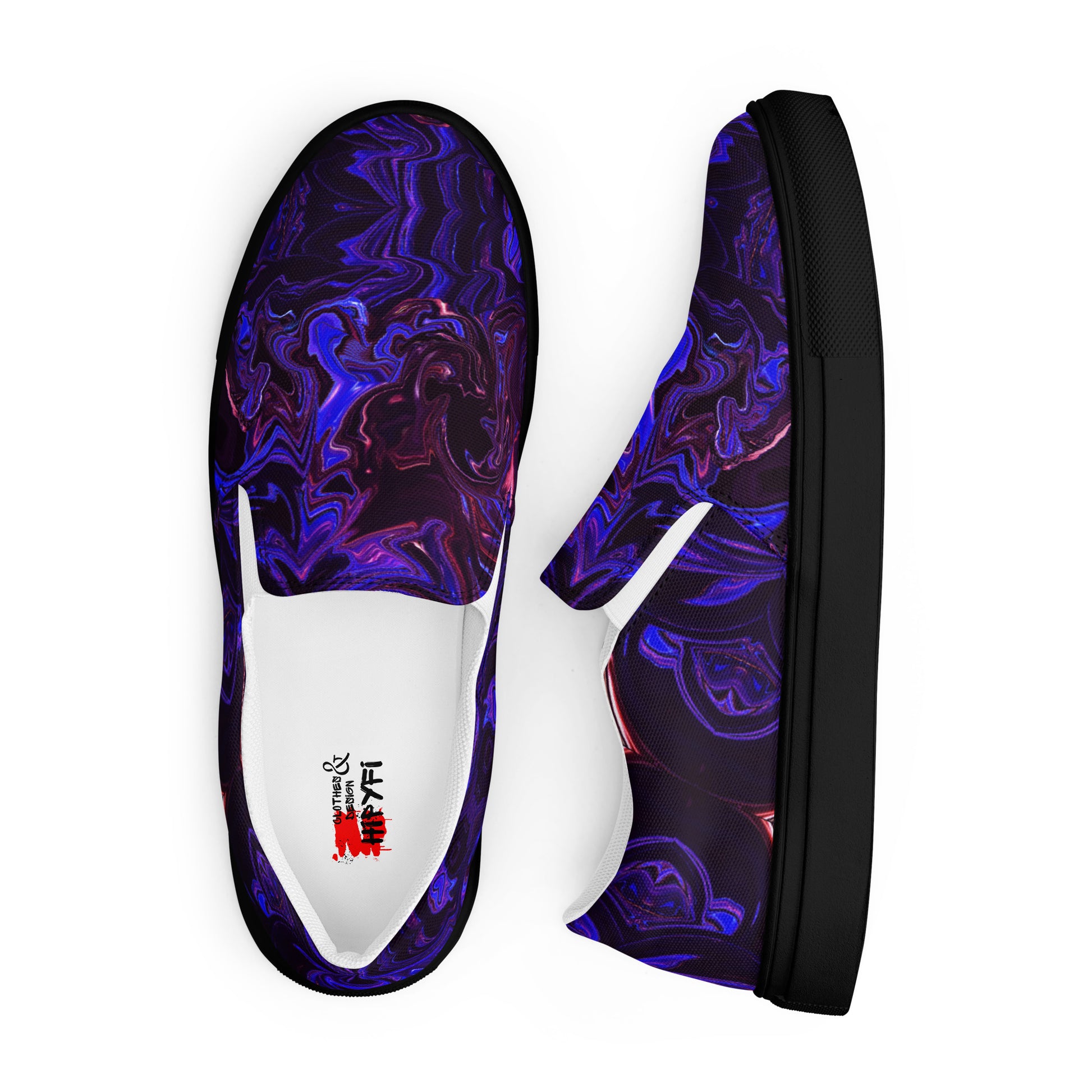 Men's slip-on canvas shoes with abstract purple and blue swirl design – stylish, handmade, and eco-friendly footwear by Hipyfi Clothes & Design. black-front-3