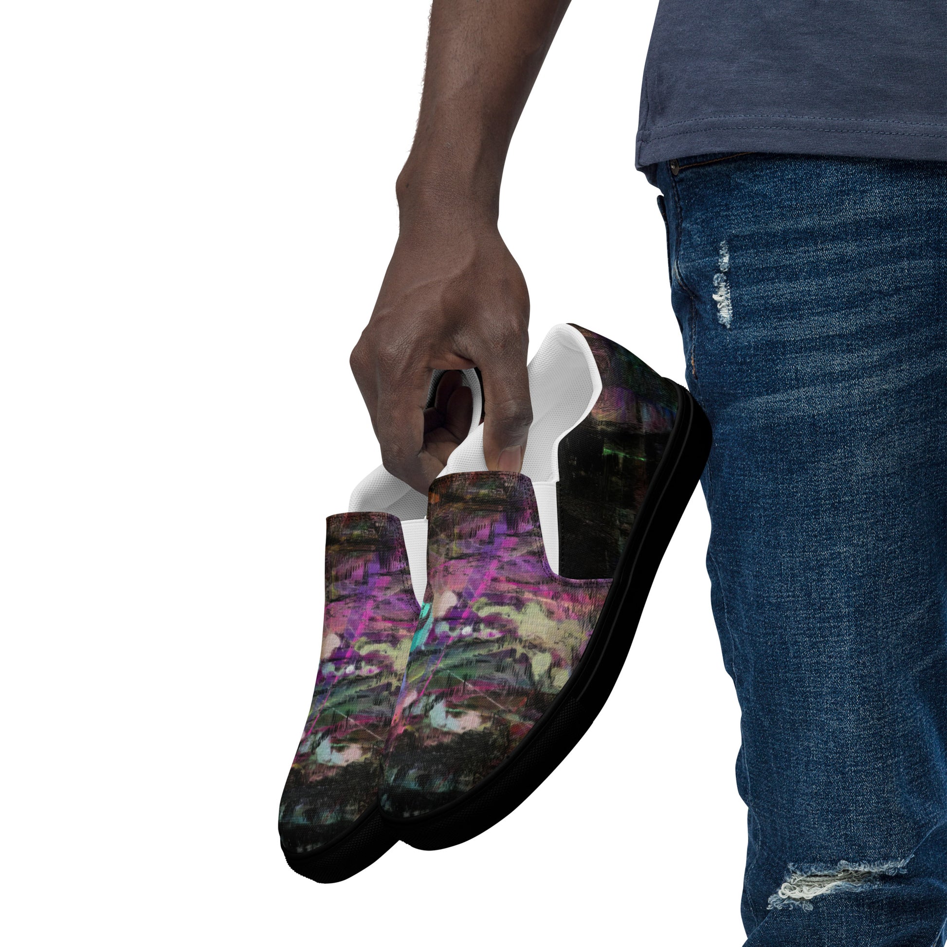 Hipyfi Chromatic Dreams men’s slip-on shoes with vibrant abstract art brushstroke print – urban street style canvas footwear. black-left-front