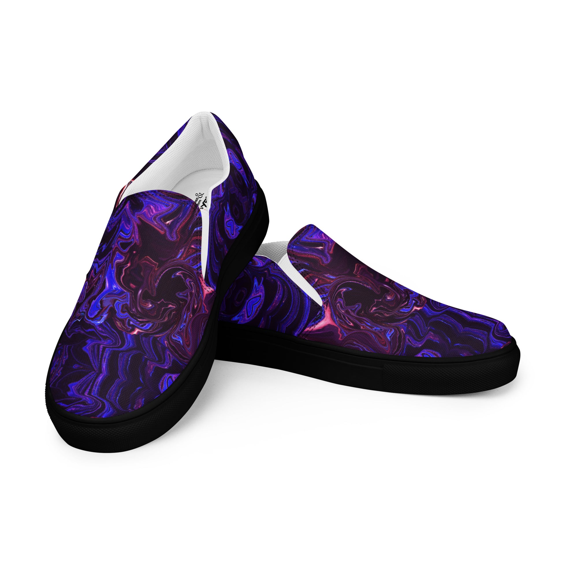 Men's slip-on canvas shoes with abstract purple and blue swirl design – stylish, handmade, and eco-friendly footwear by Hipyfi Clothes & Design. black-left-front-3