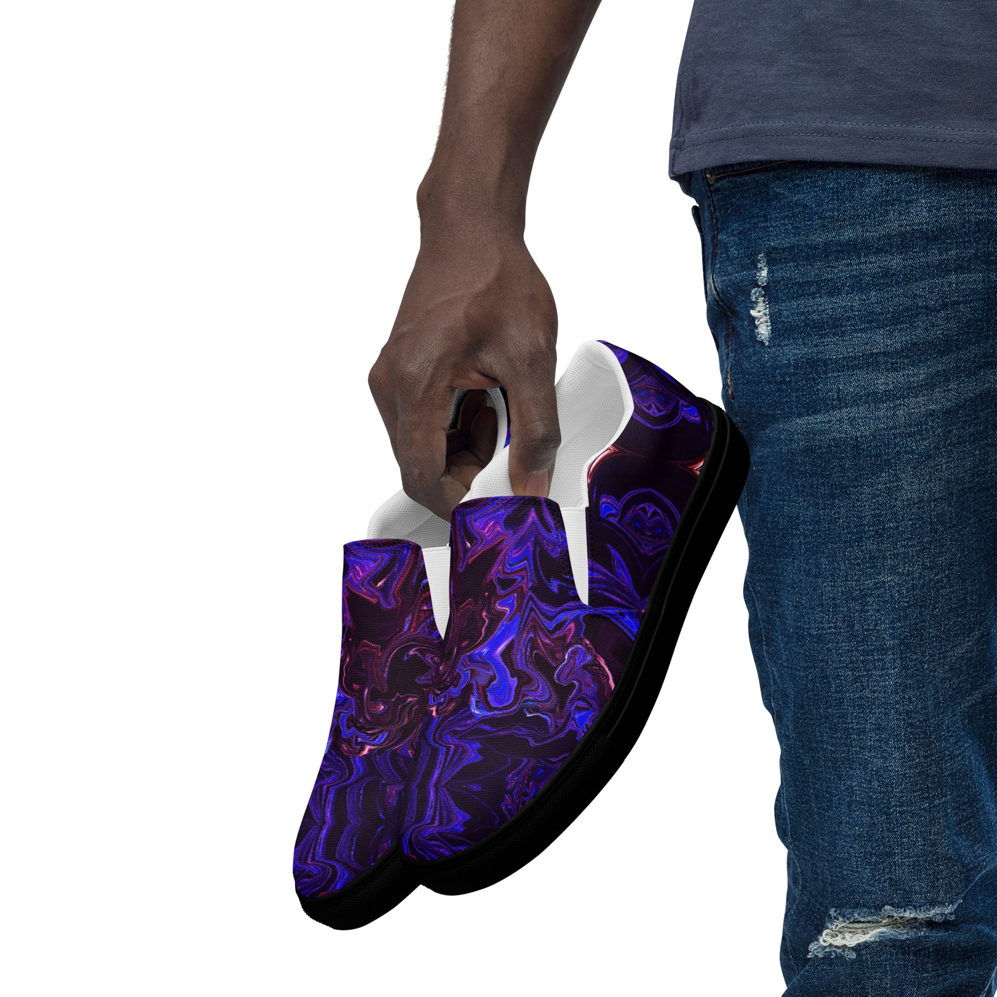 Men's slip-on canvas shoes with abstract purple and blue swirl design – stylish, handmade, and eco-friendly footwear by Hipyfi Clothes & Design. black-left-front