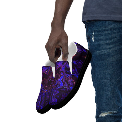 Men's slip-on canvas shoes with abstract purple and blue swirl design – stylish, handmade, and eco-friendly footwear by Hipyfi Clothes & Design. black-left-front