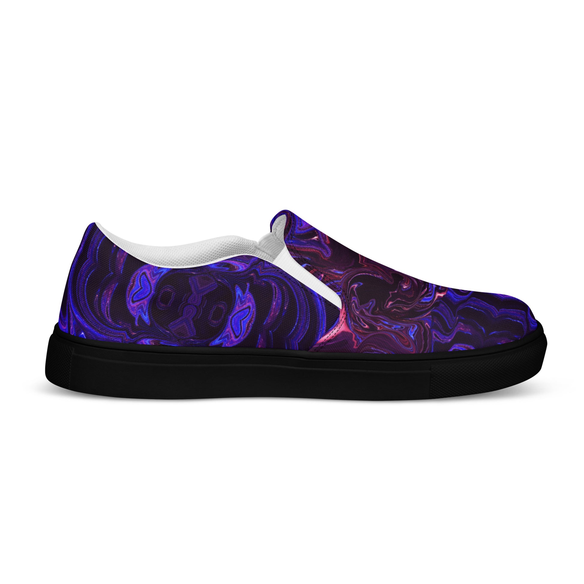 Men's slip-on canvas shoes with abstract purple and blue swirl design – stylish, handmade, and eco-friendly footwear by Hipyfi Clothes & Design. black-left-inside