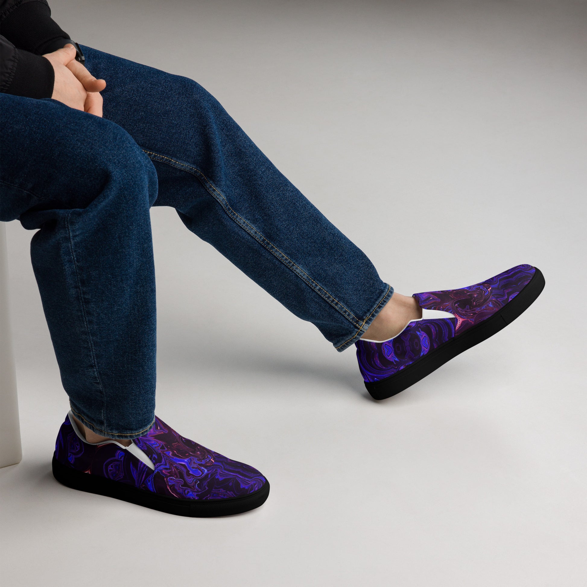 Men's slip-on canvas shoes with abstract purple and blue swirl design – stylish, handmade, and eco-friendly footwear by Hipyfi Clothes & Design. black-right